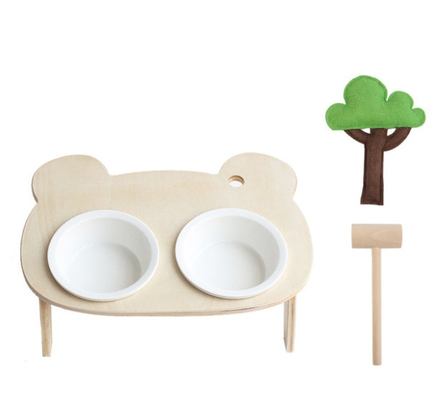 KFX-7624637 Natural Wood Bear Design Pet Bowl with Single and Double Rack Options