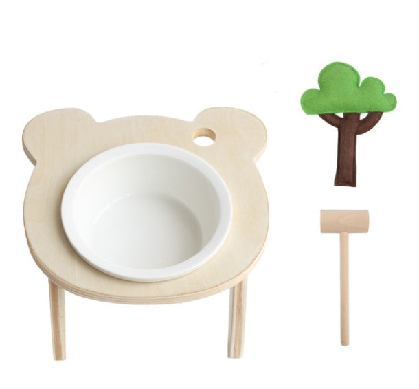 KFX-7624637 Natural Wood Bear Design Pet Bowl with Single and Double Rack Options