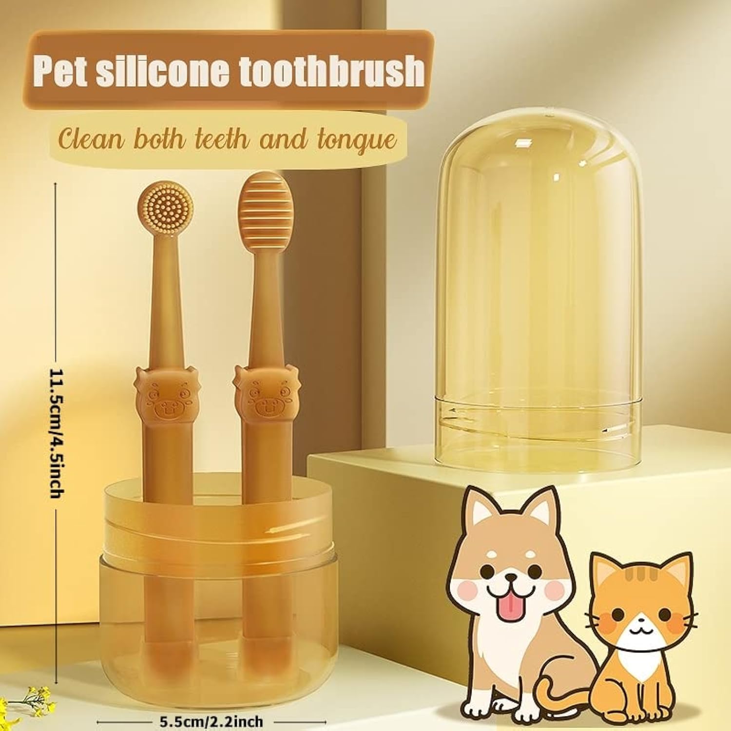 KFX-7625917 360-Degree Silicone Dog and Cat Toothbrush with Tongue Cleaner and Storage Cup for Effective Dental Care