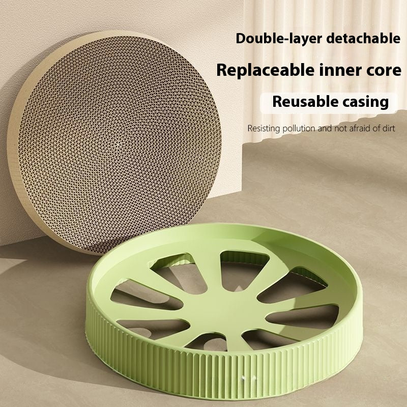 KFX-7628477 Wear-Resistant Round Cat Scratching Board with Replaceable Corrugated Paper Nest - Green and White, 55CM