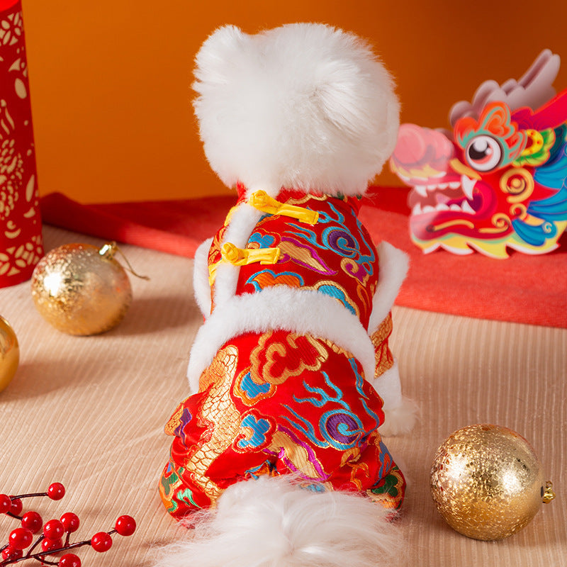 KFX-7628989 Lunar New Year Dragon Brocade Dog Jumpsuit with Faux Fur Trim for Warmth and Comfort