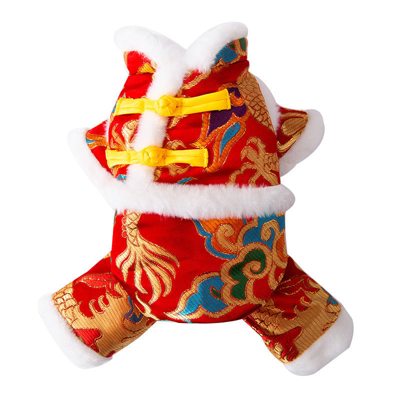 KFX-7628989 Lunar New Year Dragon Brocade Dog Jumpsuit with Faux Fur Trim for Warmth and Comfort
