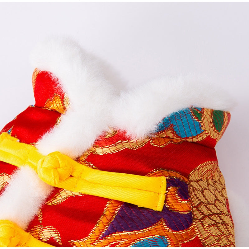KFX-7628989 Lunar New Year Dragon Brocade Dog Jumpsuit with Faux Fur Trim for Warmth and Comfort
