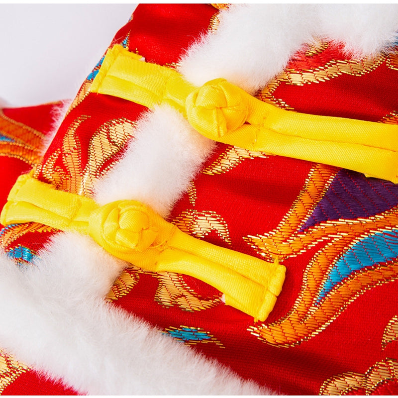 KFX-7628989 Lunar New Year Dragon Brocade Dog Jumpsuit with Faux Fur Trim for Warmth and Comfort