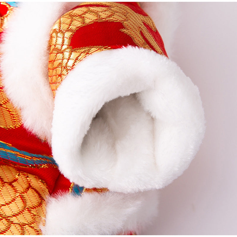 KFX-7628989 Lunar New Year Dragon Brocade Dog Jumpsuit with Faux Fur Trim for Warmth and Comfort