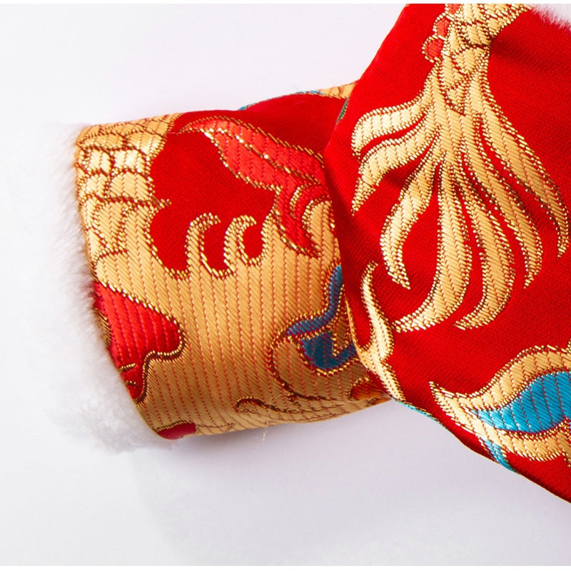 KFX-7628989 Lunar New Year Dragon Brocade Dog Jumpsuit with Faux Fur Trim for Warmth and Comfort