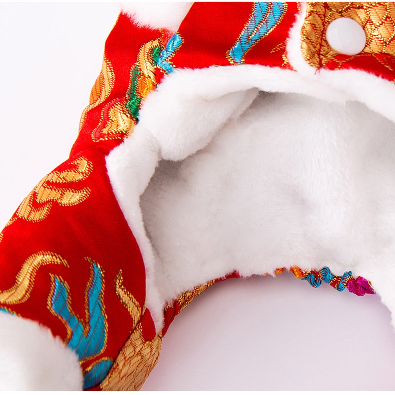 KFX-7628989 Lunar New Year Dragon Brocade Dog Jumpsuit with Faux Fur Trim for Warmth and Comfort
