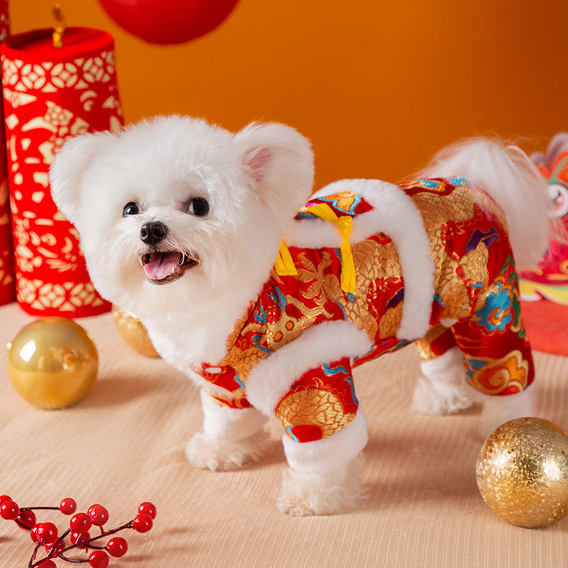 KFX-7628989 Lunar New Year Dragon Brocade Dog Jumpsuit with Faux Fur Trim for Warmth and Comfort