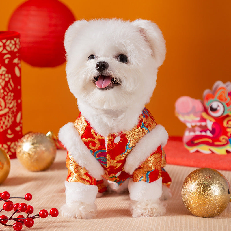 KFX-7628989 Lunar New Year Dragon Brocade Dog Jumpsuit with Faux Fur Trim for Warmth and Comfort