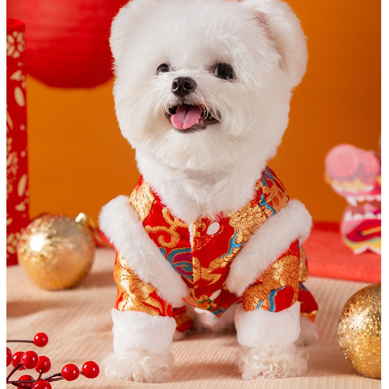 KFX-7628989 Lunar New Year Dragon Brocade Dog Jumpsuit with Faux Fur Trim for Warmth and Comfort