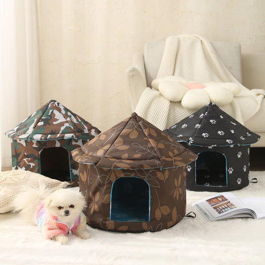 KFX-7629245 Outdoor Waterproof Pet Nest - Cold Proof Tent for Cats and Small Animals, Available in Camouflage Green, Deciduous Brown, Black Paw Print, Size M and L