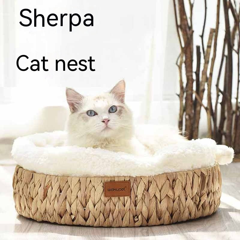 KFX-7630397 Warm Rattan Cat Nest with Cotton Cushion for Comfortable Scratching and Resting