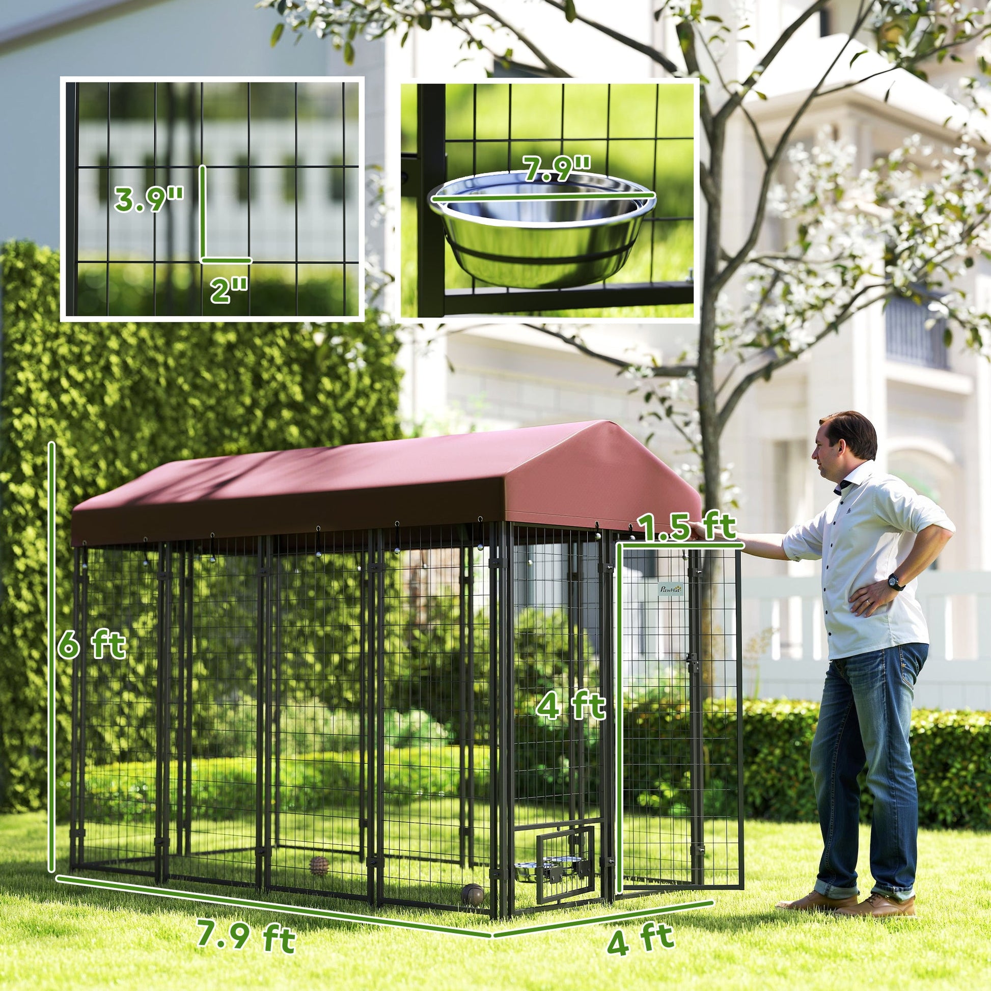 KFX-7633853 Outdoor Dog Kennel with Waterproof Canopy for Small and Medium Dogs - Heavy-Duty Metal Construction, Dual Access Doors