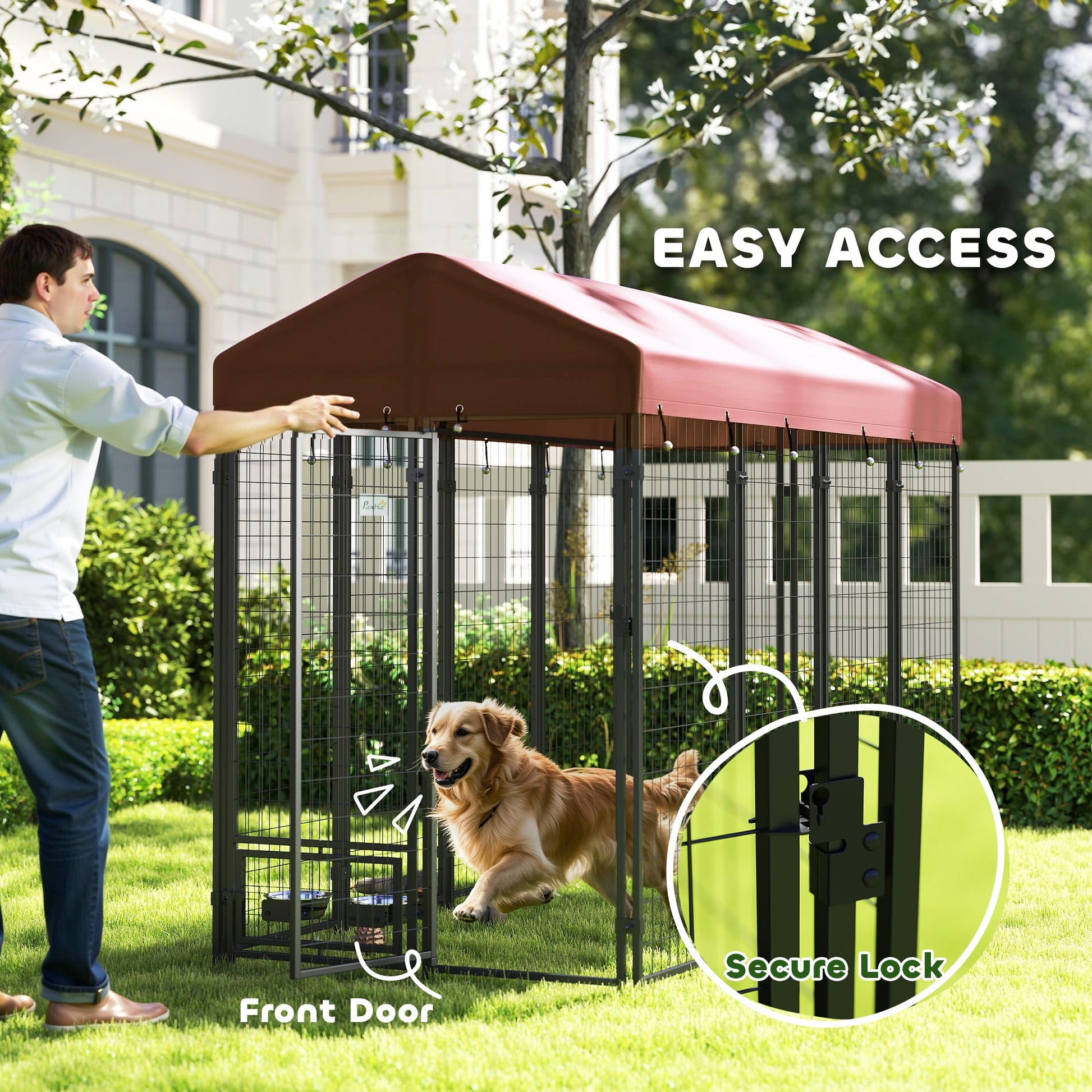 KFX-7633853 Outdoor Dog Kennel with Waterproof Canopy for Small and Medium Dogs - Heavy-Duty Metal Construction, Dual Access Doors