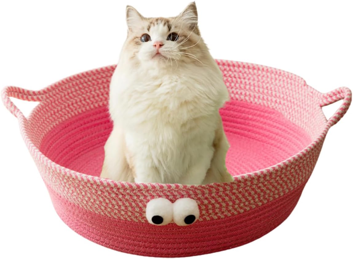 KFX-7637437 Woven Cotton Rope Cat Bed - Round Indoor Nest for Cats, Kittens, and Small Dogs, Washable and Scratch Resistant