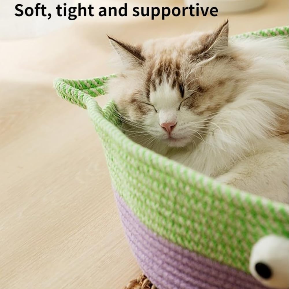 KFX-7637437 Woven Cotton Rope Cat Bed - Round Indoor Nest for Cats, Kittens, and Small Dogs, Washable and Scratch Resistant