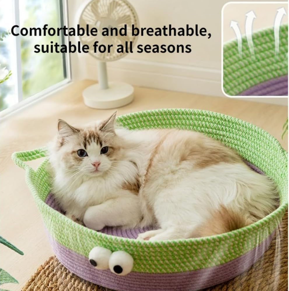 KFX-7637437 Woven Cotton Rope Cat Bed - Round Indoor Nest for Cats, Kittens, and Small Dogs, Washable and Scratch Resistant