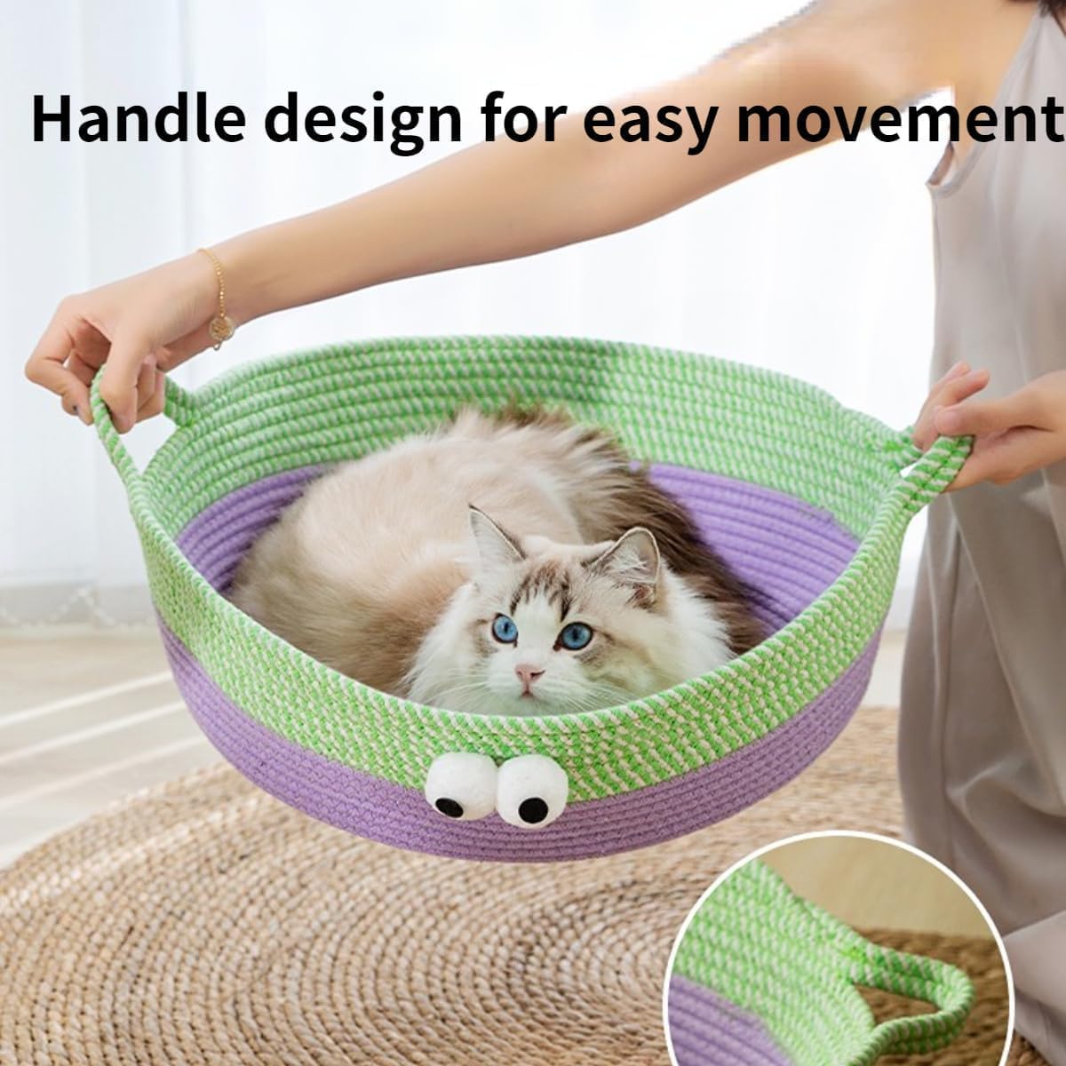 KFX-7637437 Woven Cotton Rope Cat Bed - Round Indoor Nest for Cats, Kittens, and Small Dogs, Washable and Scratch Resistant