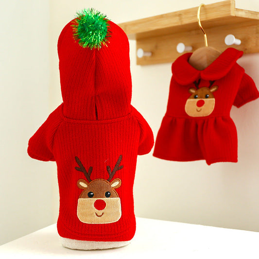 KFX-7638333 Festive Christmas Elk Couples Dress Hoodie for Pets - Casual Skirt Style