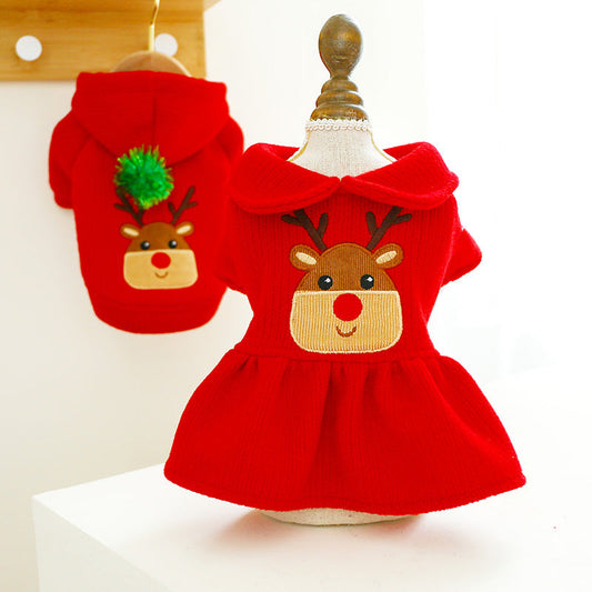 KFX-7638333 Festive Christmas Elk Couples Dress Hoodie for Pets - Casual Skirt Style