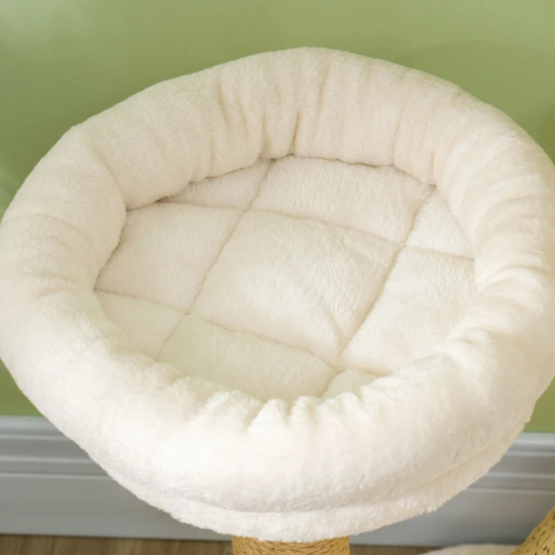 KFX-7639613 Cream White Cat Tree with Wooden Scratching Posts, Cat Condo, Beds, and Toy Balls for Indoor Cats