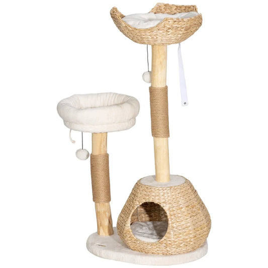 KFX-7639613 Cream White Cat Tree with Wooden Scratching Posts, Cat Condo, Beds, and Toy Balls for Indoor Cats