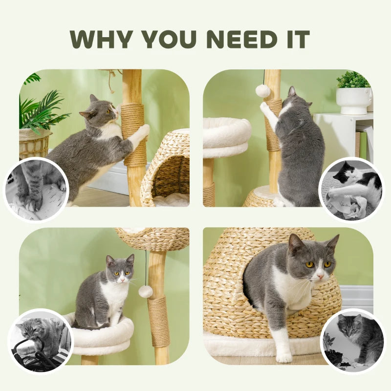 KFX-7639613 Cream White Cat Tree with Wooden Scratching Posts, Cat Condo, Beds, and Toy Balls for Indoor Cats