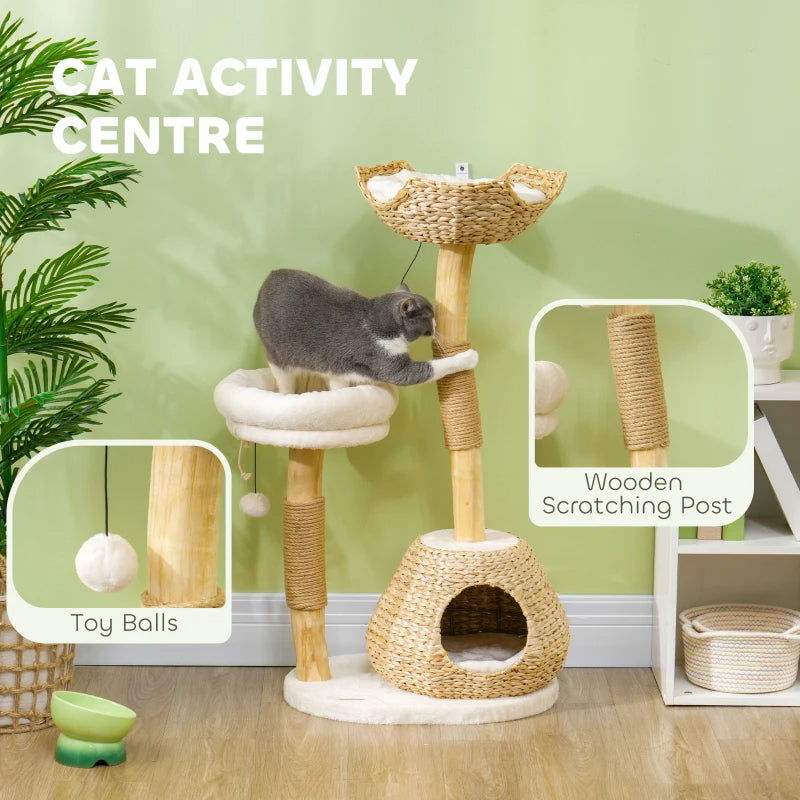 KFX-7639613 Cream White Cat Tree with Wooden Scratching Posts, Cat Condo, Beds, and Toy Balls for Indoor Cats