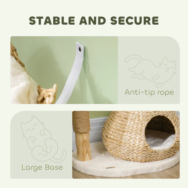 KFX-7639613 Cream White Cat Tree with Wooden Scratching Posts, Cat Condo, Beds, and Toy Balls for Indoor Cats