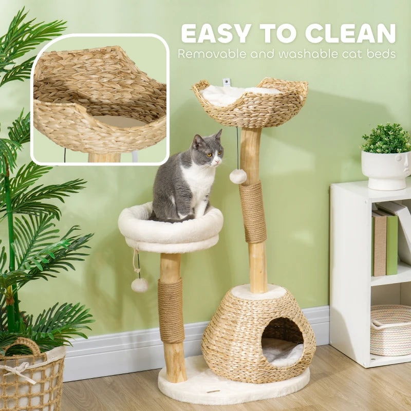 KFX-7639613 Cream White Cat Tree with Wooden Scratching Posts, Cat Condo, Beds, and Toy Balls for Indoor Cats