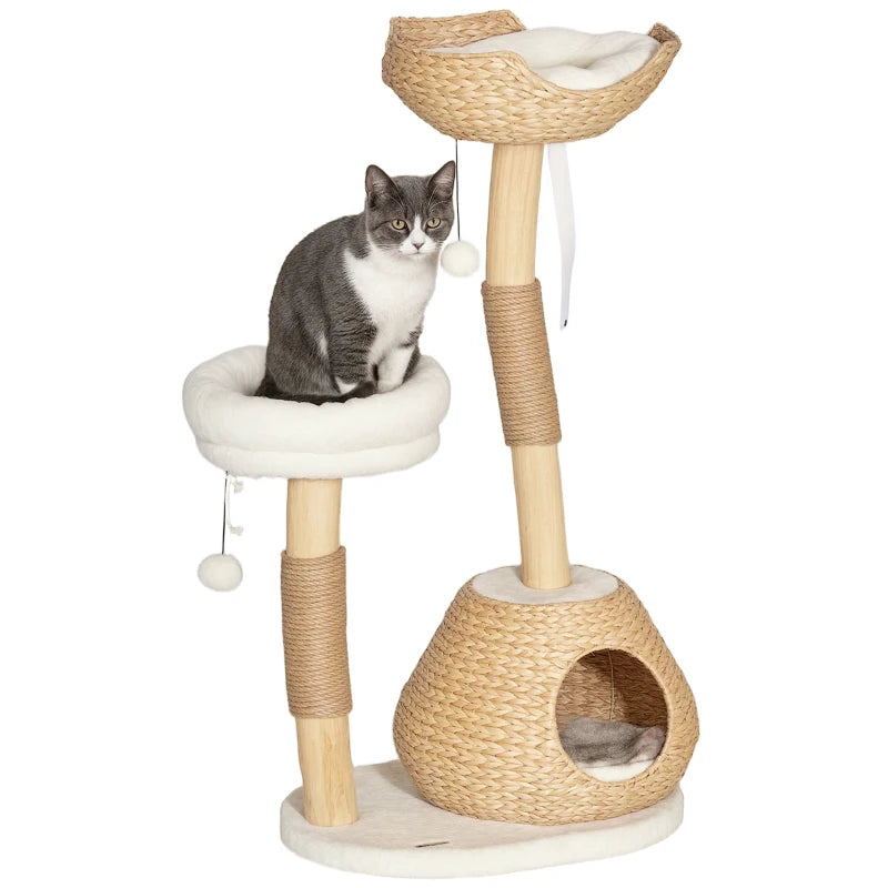 KFX-7639613 Cream White Cat Tree with Wooden Scratching Posts, Cat Condo, Beds, and Toy Balls for Indoor Cats