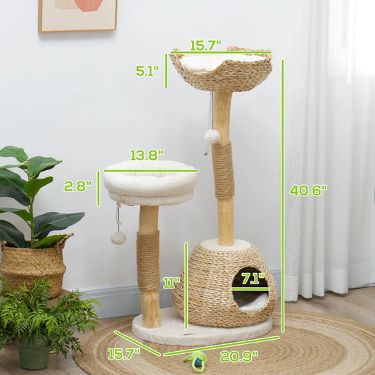 KFX-7639613 Cream White Cat Tree with Wooden Scratching Posts, Cat Condo, Beds, and Toy Balls for Indoor Cats