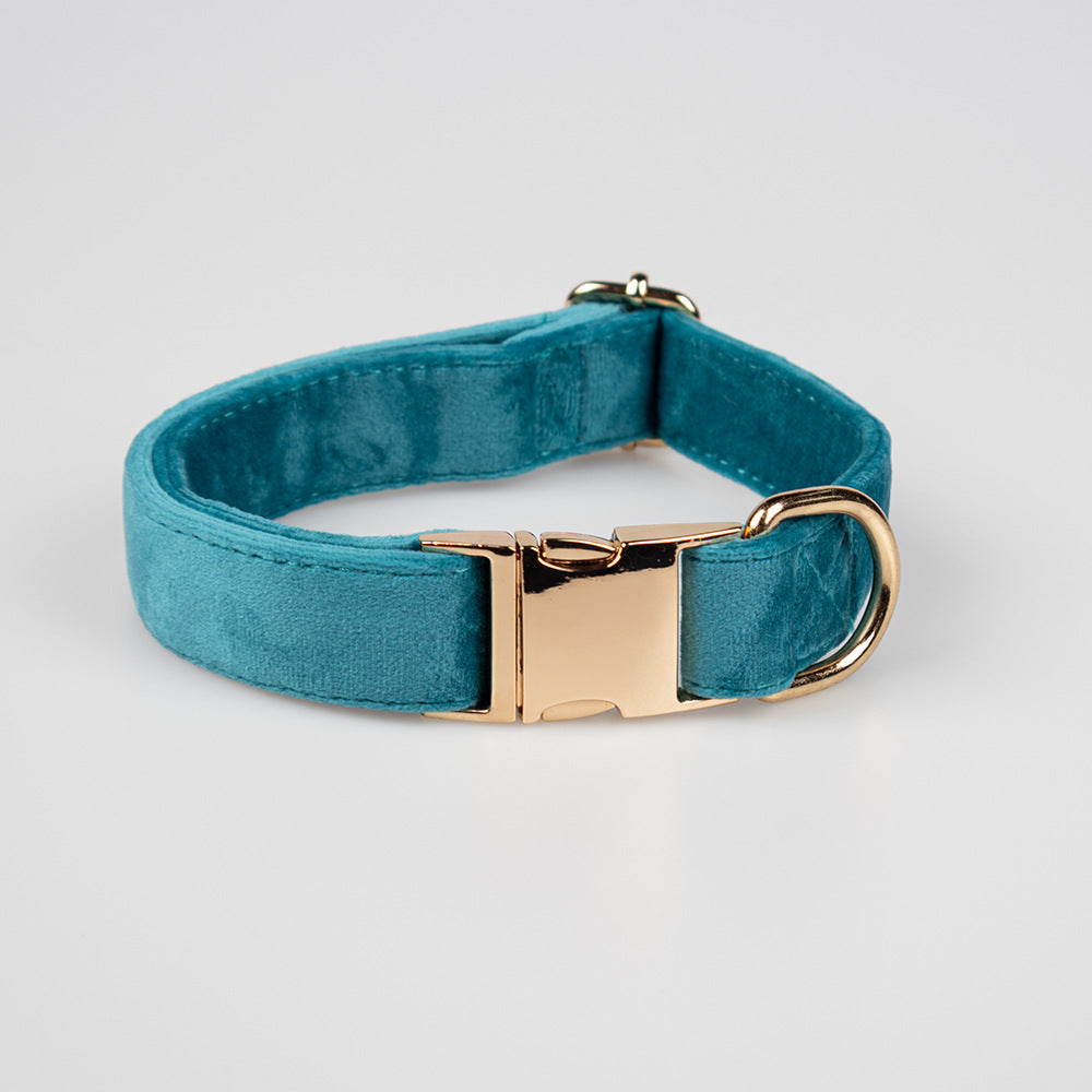 KFX-7643709 Peacock Blue Velvet Pet Collar with Bow and Leash Set, Adjustable Sizes S-XL, Casual Winter Style