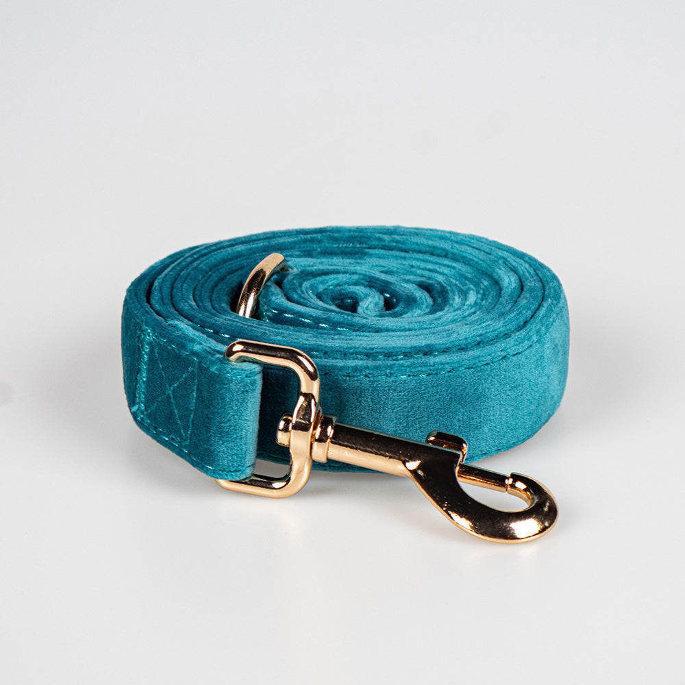 KFX-7643709 Peacock Blue Velvet Pet Collar with Bow and Leash Set, Adjustable Sizes S-XL, Casual Winter Style