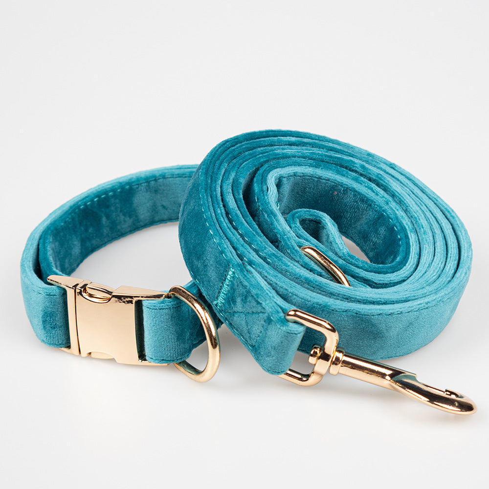 KFX-7643709 Peacock Blue Velvet Pet Collar with Bow and Leash Set, Adjustable Sizes S-XL, Casual Winter Style