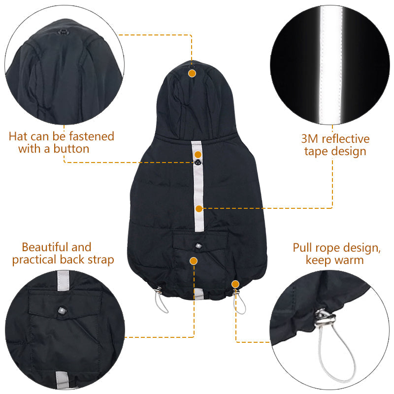 KFX-7644093 Reflective Black Cotton Dog Coat for Winter - Available in Multiple Sizes