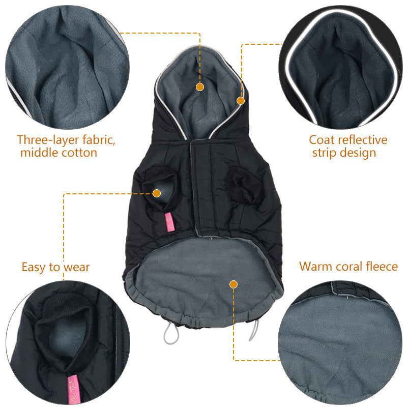 KFX-7644093 Reflective Black Cotton Dog Coat for Winter - Available in Multiple Sizes