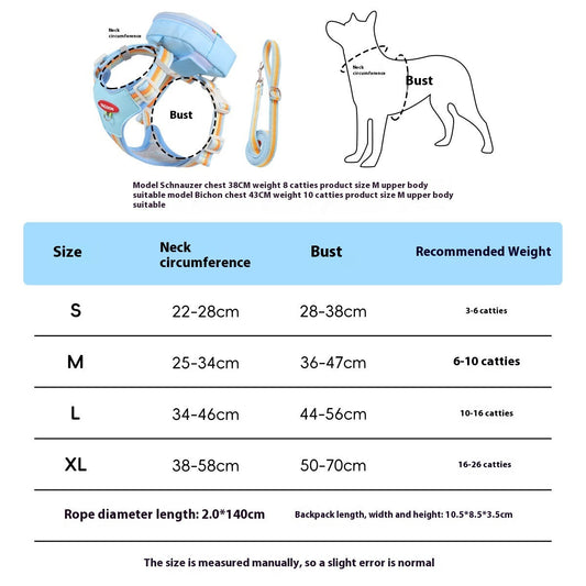 KFX-7645501 Portable Dog Leash with Chest and Back Bag for Small to Medium Dogs - Available in Multiple Colors