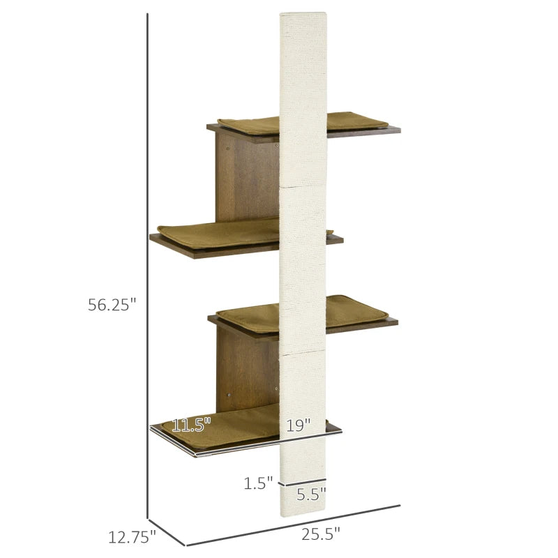 KFX-7647165 Wall-Mounted Cat Tree with Cushions, 4-Layer Cat Shelves and Scratching Post, Natural Color, Space-Saving Design