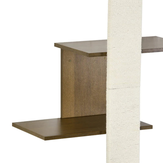 KFX-7647165 Wall-Mounted Cat Tree with Cushions, 4-Layer Cat Shelves and Scratching Post, Natural Color, Space-Saving Design