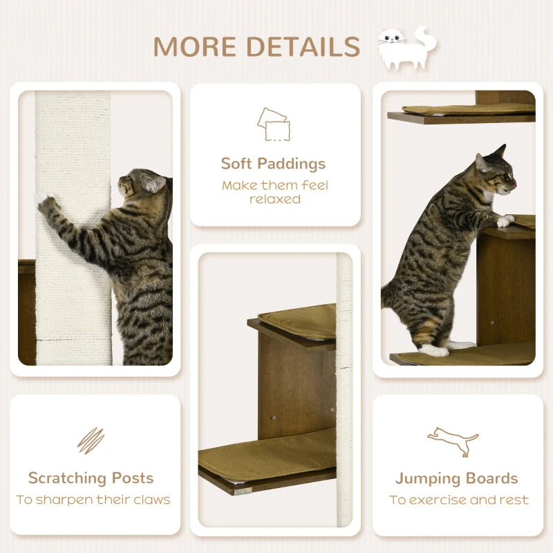 KFX-7647165 Wall-Mounted Cat Tree with Cushions, 4-Layer Cat Shelves and Scratching Post, Natural Color, Space-Saving Design