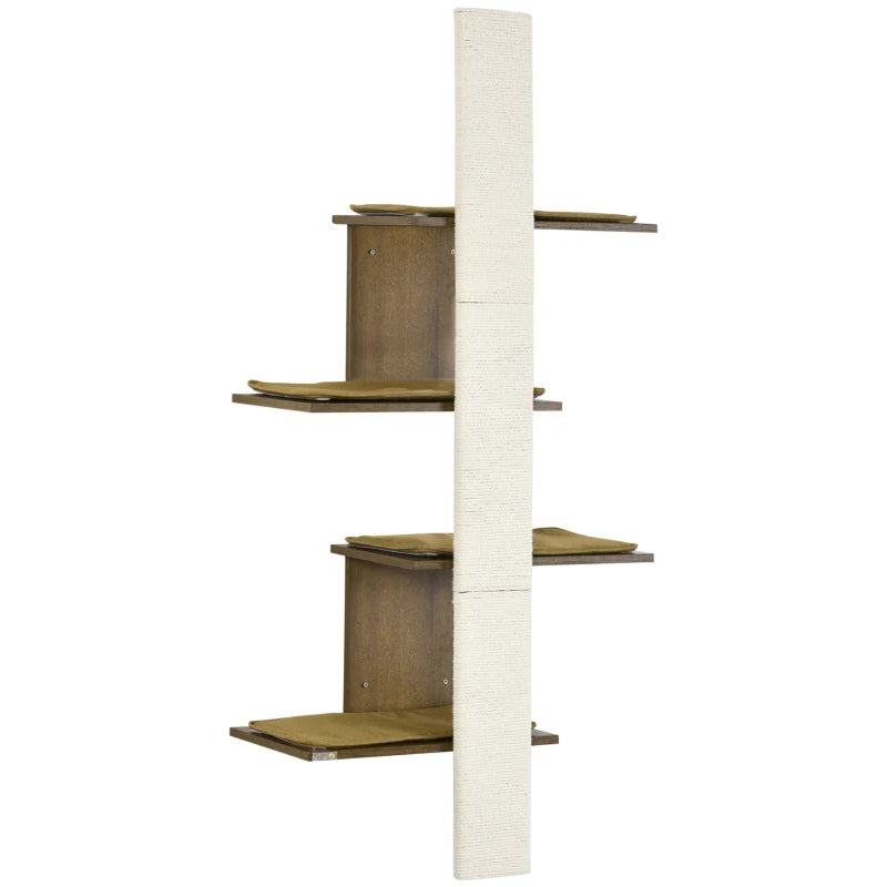 KFX-7647165 Wall-Mounted Cat Tree with Cushions, 4-Layer Cat Shelves and Scratching Post, Natural Color, Space-Saving Design