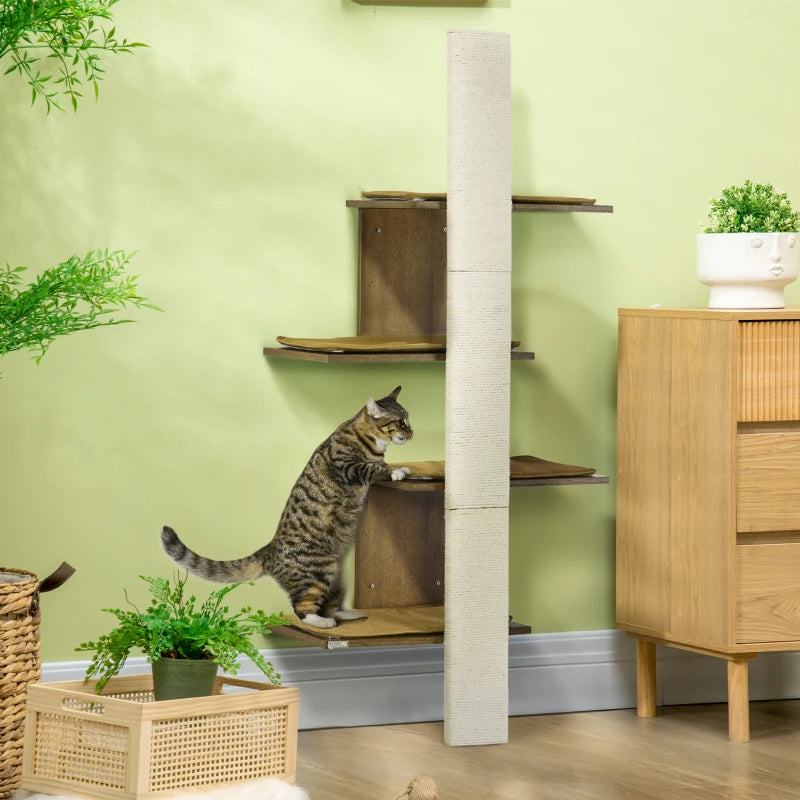KFX-7647165 Wall-Mounted Cat Tree with Cushions, 4-Layer Cat Shelves and Scratching Post, Natural Color, Space-Saving Design