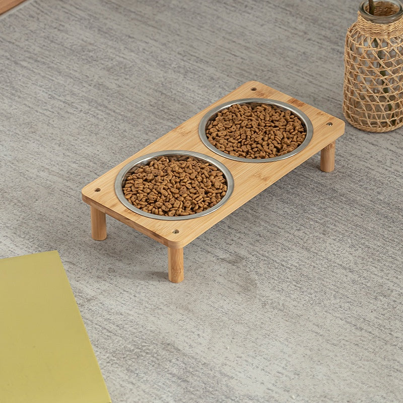 KFX-7647677 Large Stainless Steel Pet Bowls with Bamboo Base - Modern Anti-Tumble Design