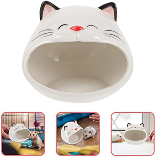 KFX-7654717 Ceramic Cat-Shaped Hamster House | Small Animal Habitat & Cooling Nest | Comfortable Hideout for Hamsters and Gerbils