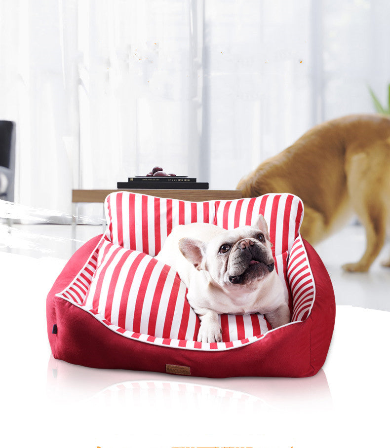 KFX-7655485 Dog House Bed for Small to Medium Dogs - Removable & Washable, Cotton-Linen Blend, Blue Stripes