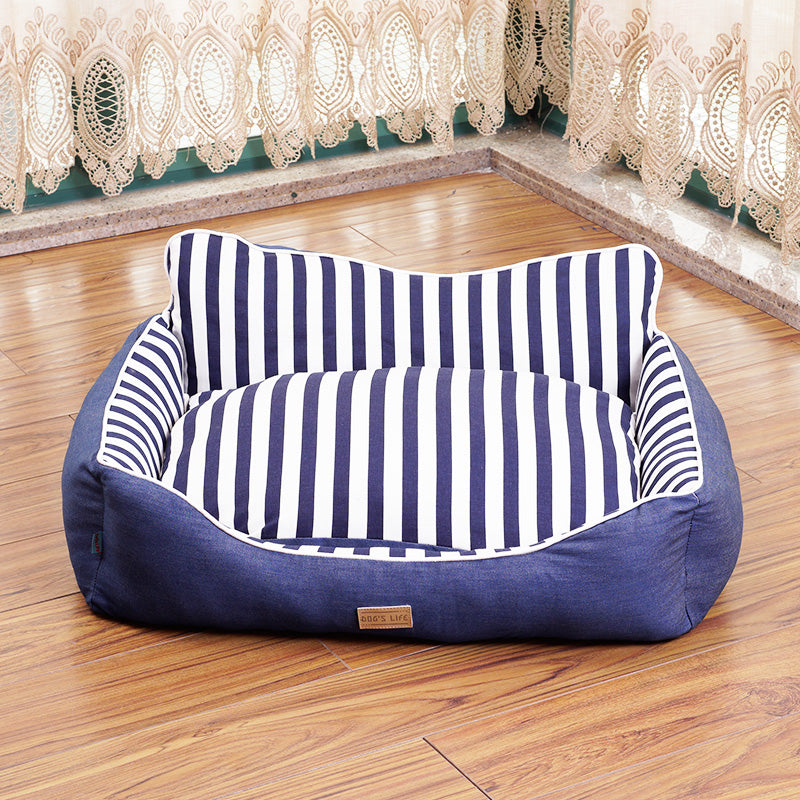 KFX-7655485 Dog House Bed for Small to Medium Dogs - Removable & Washable, Cotton-Linen Blend, Blue Stripes