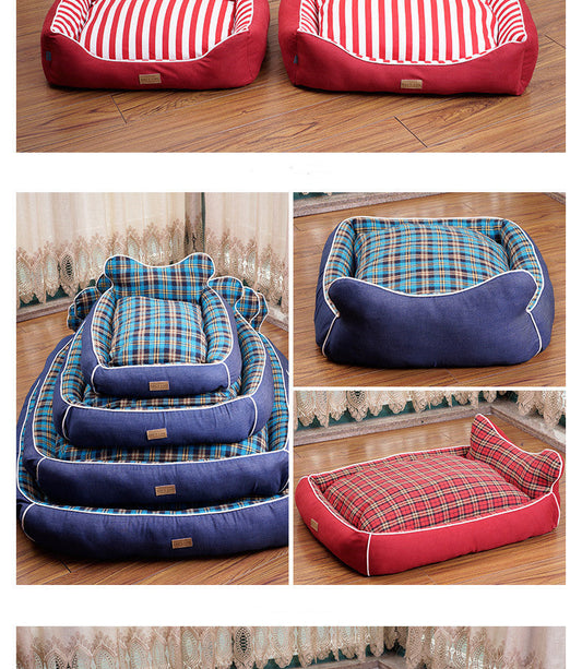 KFX-7655485 Dog House Bed for Small to Medium Dogs - Removable & Washable, Cotton-Linen Blend, Blue Stripes