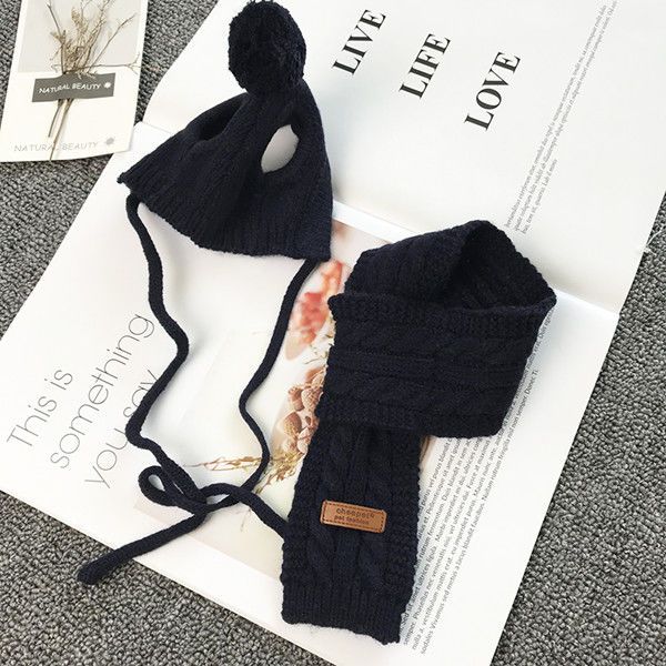 KFX-7657789 Cozy Wool Dog Hat Scarf Set for Autumn and Winter in Red and Navy Blue