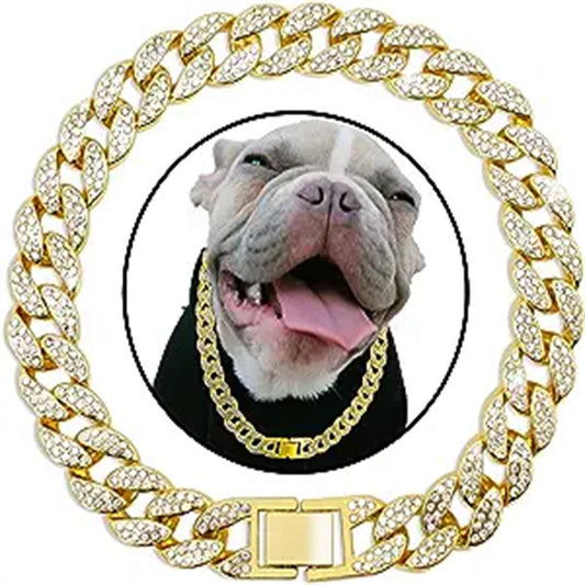 KFX-7665597 Cuban Link Chain Dog Collar Necklace with Diamond Detailing - Available in Gold and Silver
